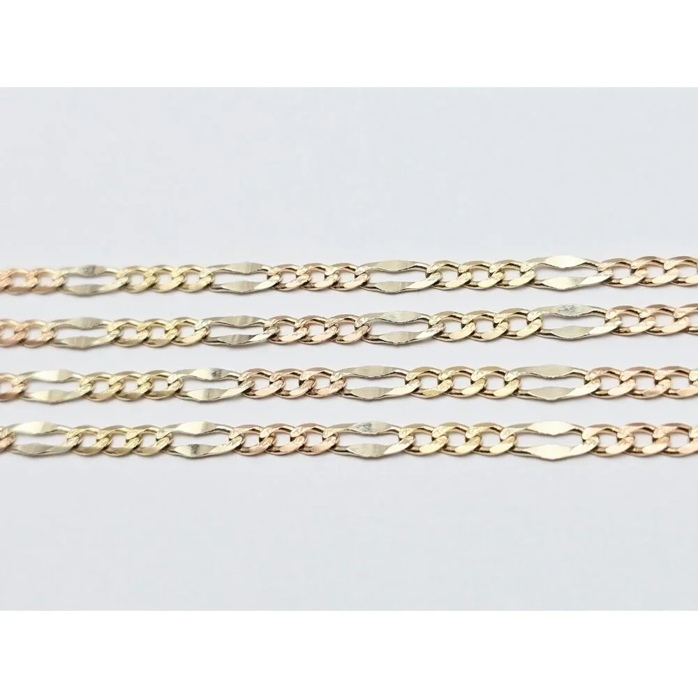 14K Two Tone Multi Color Gold Diamond Cut Figaro Link Chain Necklace - 24.25